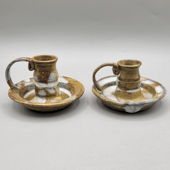 Handcrafted Pottery Taper Candle Holders Pair Stoneware Chambersticks Rustic - Picture 1 of 8